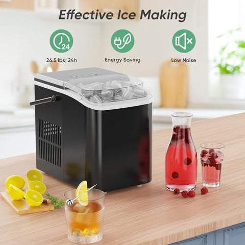DUMOS Ice Maker Countertop Ice Machine Compact Size with Handle, 26lbs in 24Hrs, Black