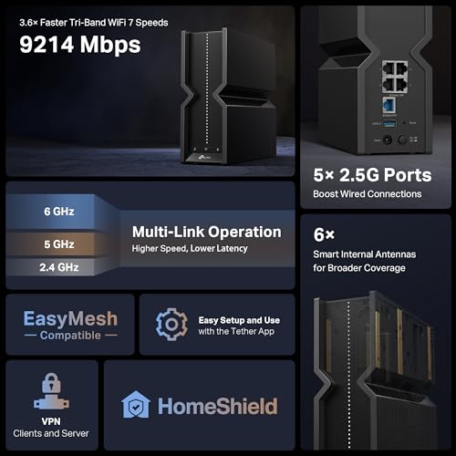 TP-Link Tri-Band BE9300 WiFi 7 Router Archer BE550 | 6-Stream 9.2Gbps | 𝗙𝘂𝗹𝗹 𝟮.𝟱𝗚 Ports | USB 3.0 | 6 Smart Internal Antennas | VPN Clients & Server | Easy Mesh, HomeShield, Private IoT Network