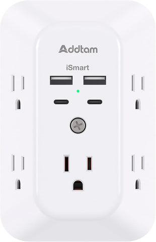 Addtam 5-Outlet Extender Surge Protector, Multi Plug Wall Outlet with 4 USB Wall Charger(2 USB C), Outlet Splitter Power Strip for Home Office Dorm Room Essentials, Plug Extension Outlet 1800J, 2 Pack