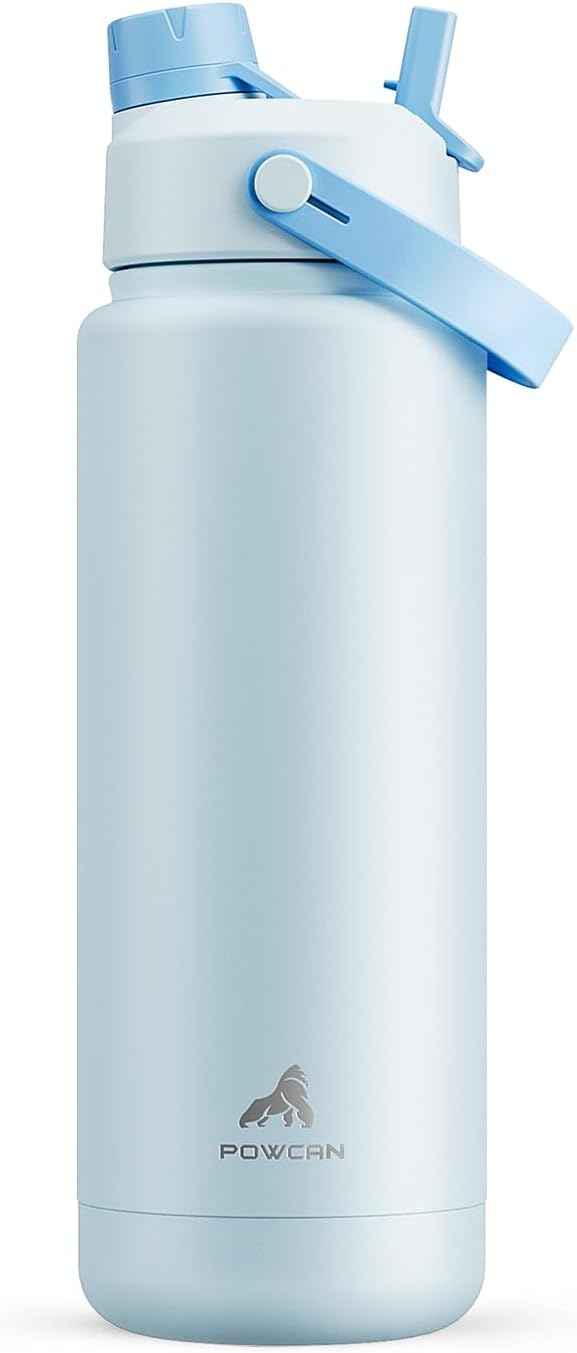 POWCAN 32 oz Insulated Water Bottle with 2-in-1 Straw and Spout Lid, Keep Cold 24H, Leak-Proof, BPA-Free, Double Wall Stainless Steel Water Bottle for Sports, Gym, Travel, and School (Sea Breeze)