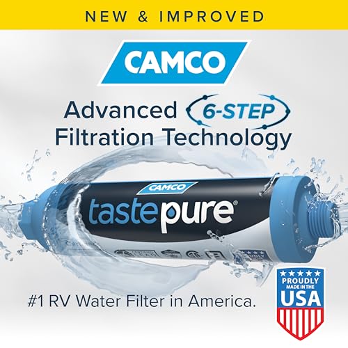 Camco TastePURE RV Water Filter - New Advanced 6-Step Patent-Protected Filtration - Camping Essentials for Fresh Drinking Water - RV Inline Water Filter w/Flexible Hose Protector, Made in USA (40043)