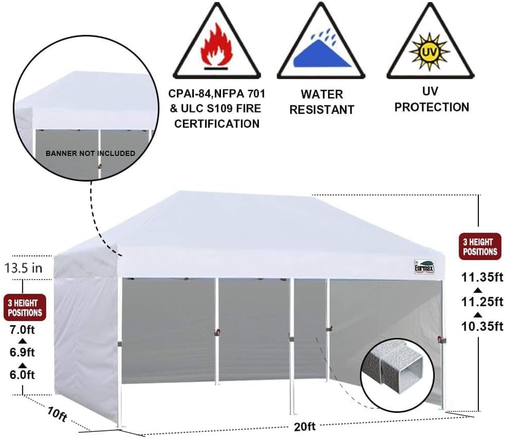 Eurmax USA 10x20 Pop Up Canopy Tent,Commercial Tent with Patented No-Tip Rolling Bag,4 Zippered Removable Walls,UV & Water Resistant Canopy Top,Heavy Duty Outdoor Gazebo,Instant Shelter(White)