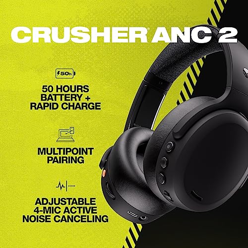 Skullcandy Crusher ANC 2 Over-Ear Noise Cancelling Wireless Headphones with Sensory Bass, 50 Hr Battery, Skull-iQ, Alexa Enabled, Microphone, Works with Bluetooth Devices - Black