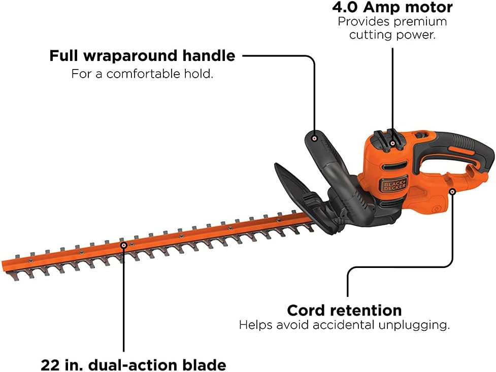 BLACK+DECKER 22" Electric Hedge Trimmer, Lightweight 4.0 Amp Corded Dual Action Shrub Trimmer, Full Wraparound Handle, High Output Low Vibration (BEHT350FF)