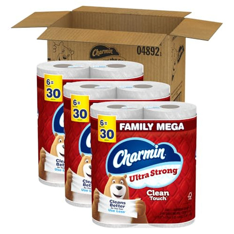 Charmin Toilet Paper Ultra Strong Clean Touch, 18 Family Mega Rolls = 90 Regular Rolls (Packaging May Vary), Household Essentials, Bathroom Essentials