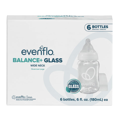 Evenflo Balance+ Glass Wide Neck Baby Bottles, Clear, 6 fl oz, 6 Pack