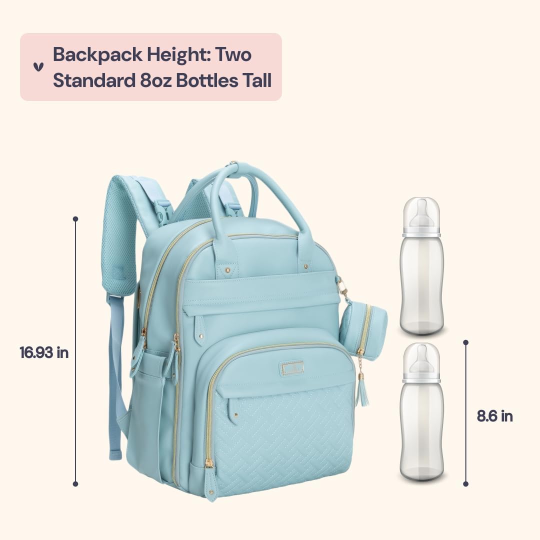 BabbleRoo Leather Diaper Bag Backpack - Baby Essentials Travel Baby Bag, Multi function, Water Resistant, with Changing Pad, Stroller Straps & Pacifier Case – Unisex, Powder Blue