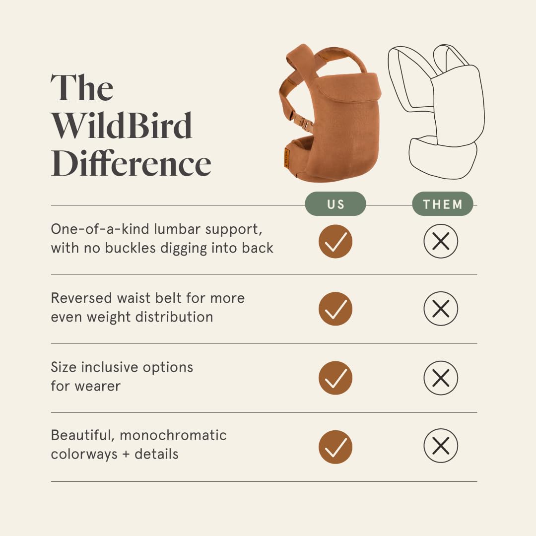 WildBird - Aerial Buckle Carrier - 2-24 Months - Standard (XS-XL) Sparrow - Front or Back Carry - Cross Straps, Lumbar Support, Headrest - Hip Healthy - Baby Carrier - Baby Essentials - New Mom Gifts