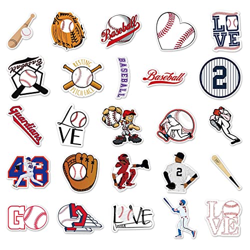 JOICEE 50pcs Baseball Stickers，Waterproof Vinyl Baseball Tattoos for Kids Teens Boys Adults, Sports Decals for Snowboard Laptop Water Bottles Hydro Flasks Phone Guitar Skateboard Computer