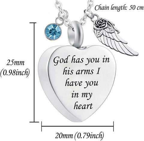 God has You in his arms with Angel Wing Charm Cremation Ashes Jewelry Keepsake Memorial Urn Necklace with Birthstone Crystal