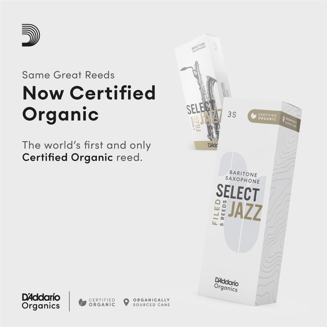 D'Addario Organic Select Jazz Filed Baritone Saxophone Reeds - Sax Reeds - Individually Sealed - 3 Medium, 5 Pack