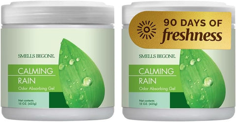 SMELLS BEGONE 15oz Gel Odor Eliminator - Absorb & Remove Tough Odors in Pet Areas, Bathrooms, Basements, Garage, Cars, RVs & Boats - Eliminate Odors Quickly (2-Pack, Calming Rain)