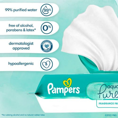 Pampers Baby Wipes Aqua Pure, 99% water-based wipes, Hypoallergenic and Unscented Baby Wipes, 896 Wipes Total (16 Flip-Top Packs)