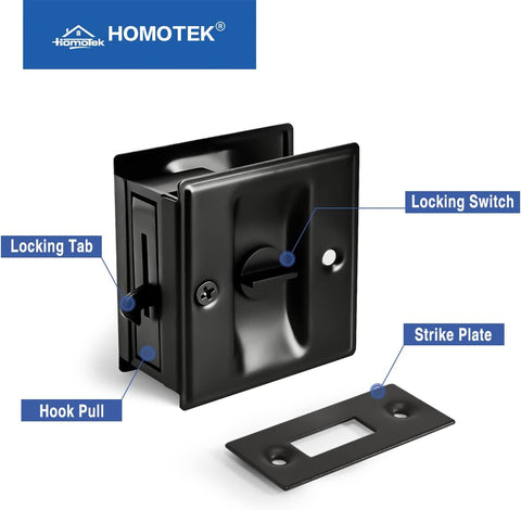 HOMOTEK Privacy Sliding Door Lock with Pull - Replace Old Or Damaged Pocket Locks Hardware Quickly and Easily, 2-3/4”x2-1/2”, for 1-3/8” Thickness Door, Black