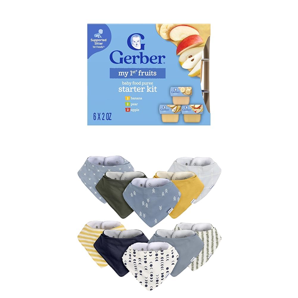 Gerber My 1st Fruits Starter Kit, Banana, Pear & Apple Puree, 2 Ounce Tubs, 2-Pack (Set of 6) with Gerber Bib Set, Pink