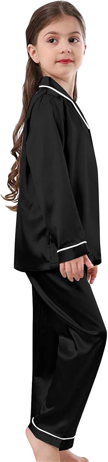 Schbbbta Girls & Women Pajamas Set, 2 Piece Satin Silky Pjs Button-Down Kids Sleepwear, 3 Years - XX-Large