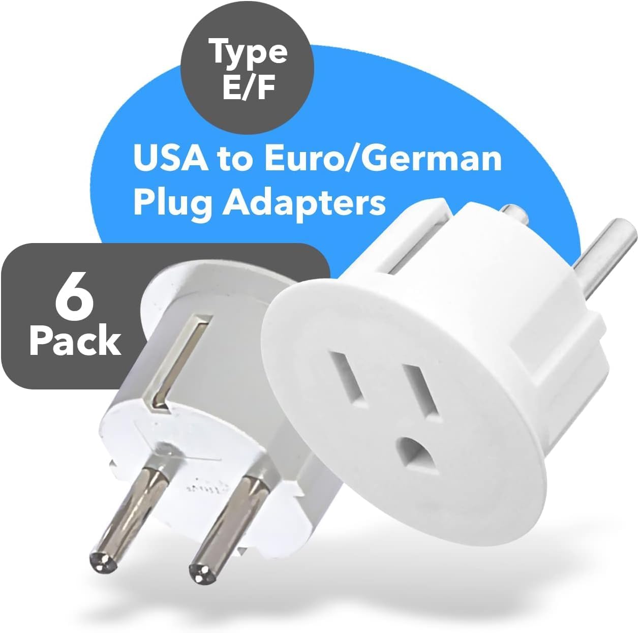 OREI USA to Europe Plug Adapter, Type E/F Schuko, Germany, France - 6 Pack