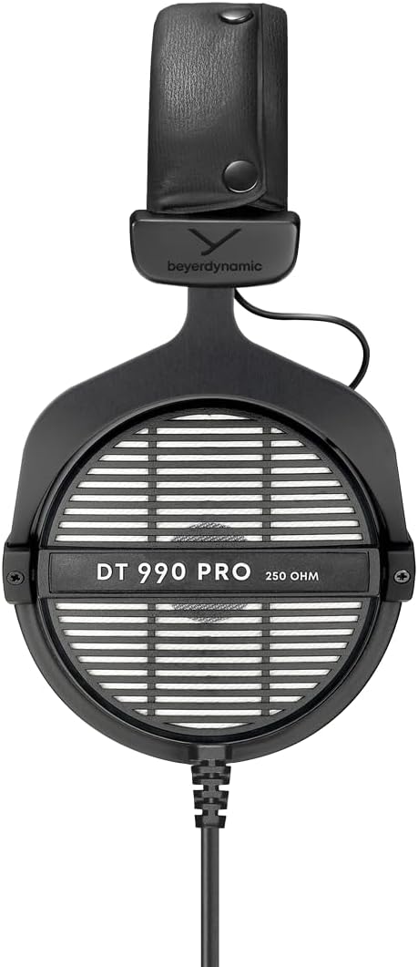 beyerdynamic DT 990 PRO, 250 Ohm, Open Back, Over Ear, Wired Headphones, 3m Coiled Cable, Black with Grey Velour Ear Pads