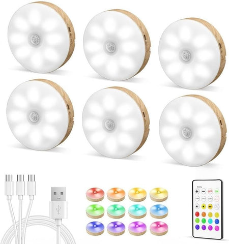 EZVALO Under Cabinet Lighting, 1000mAh Rechargeable Puck Lights with Remote, 3 Color Temps & 12 RGB Motion Sensor Closet Lights Indoor, Dimmable Under Counter Lights for Kitchen (Wood Grain, 6 Packs)