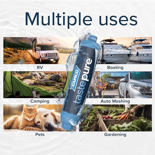 Camco TastePURE RV Water Filter - New Advanced 6-Step Patent-Protected Filtration - Camping Essentials for Fresh Drinking Water - RV Inline Water Filter w/Flexible Hose Protector, Made in USA (40043)