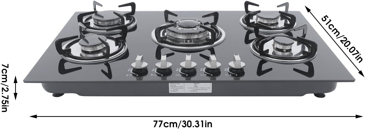 30" Built-in Gas Cooktop 5 Burner, Tempered Glass LPG/NG Dual Fuel, High Efficiency Stove with Easy-Clean Surface for Home & Commercial Use