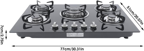 30" Built-in Gas Cooktop 5 Burner, Tempered Glass LPG/NG Dual Fuel, High Efficiency Stove with Easy-Clean Surface for Home & Commercial Use