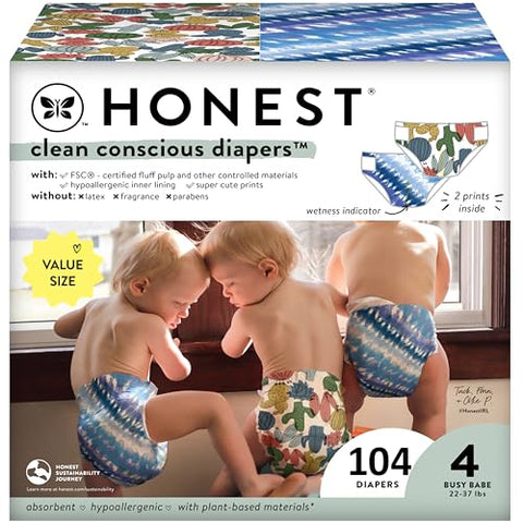 The Honest Company Clean Conscious Diapers | Plant-Based, Sustainable | Tie-Dye for + Cactus Cuties | Super Club Box, Size 4 (22-37 lbs), 104 Count