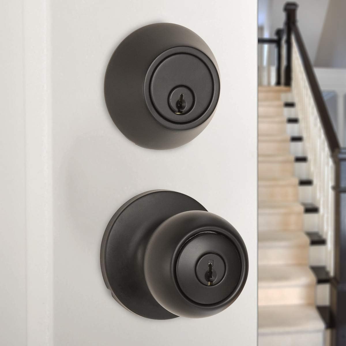 Amazon Basics Exterior Door Knob with Key Lock and Deadbolt, Keyed Alike, Coastal, Matte Black