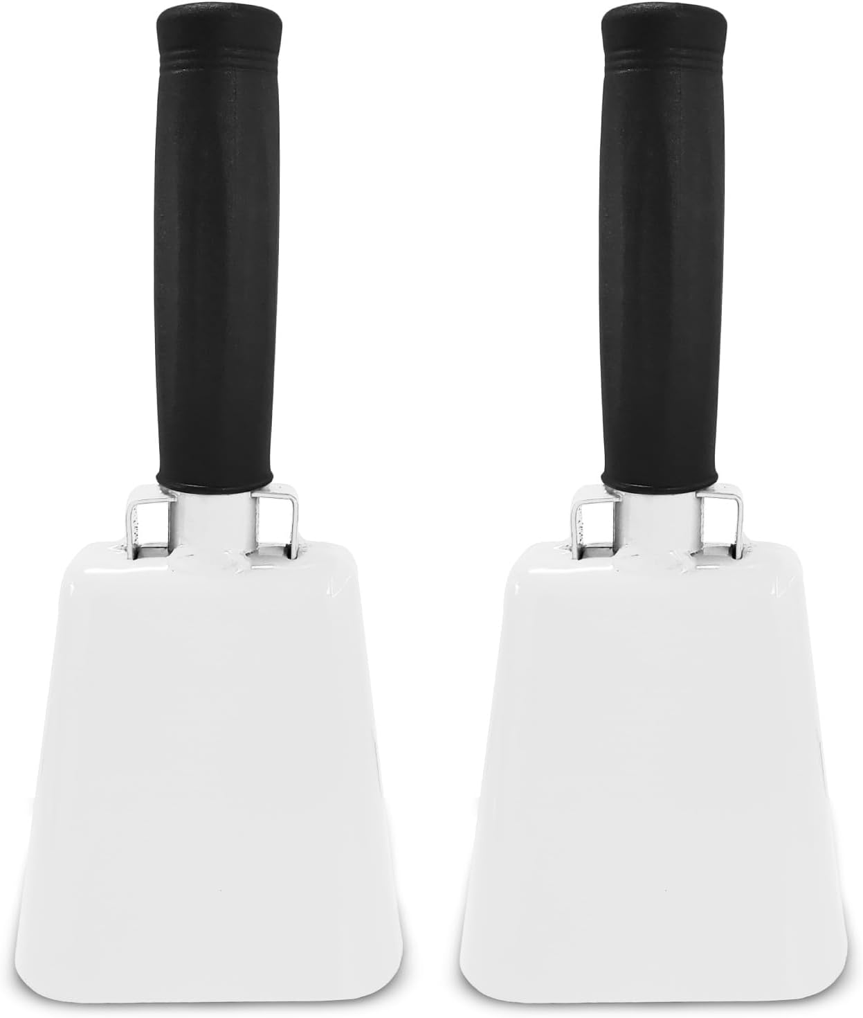 2 pack 7 in. steel cowbell/Noise makers with handles. Cheering Bell for sporting, football games, events. Large solid school hand bells. Cowbells. Percussion Musical Instrument. Cow Bell Alarm (White)
