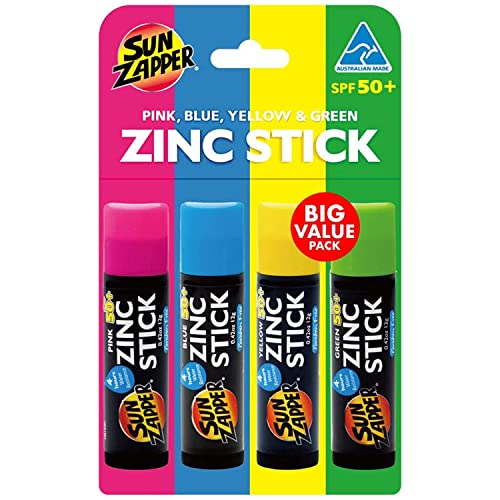 Sun Zapper Zinc Oxide Mineral Sunscreen Stick (Pink, Blue, Green, Yellow) SPF 50+ Water Resistant for Face & Body, Adults, Kids, 4-Pack Broad Spectrum Sun Block, Made in Australia