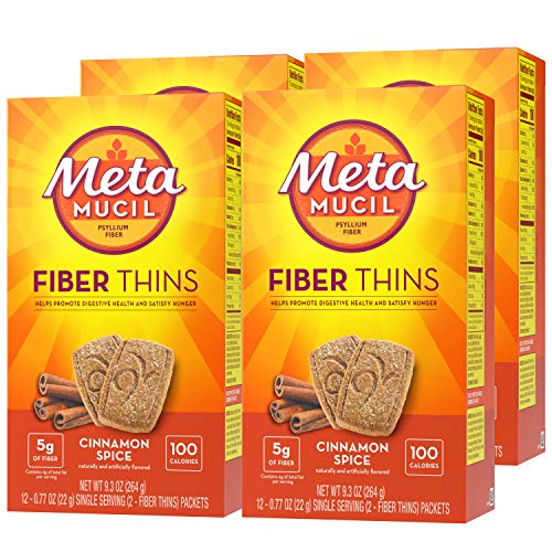 Metamucil Fiber Thins, Daily Psyllium Husk Fiber Supplement, Supports Digestive Health and Satisfies Hunger, Cinnamon Spice Flavor, 4 Packs x 12 Servings (48 Total Servings)