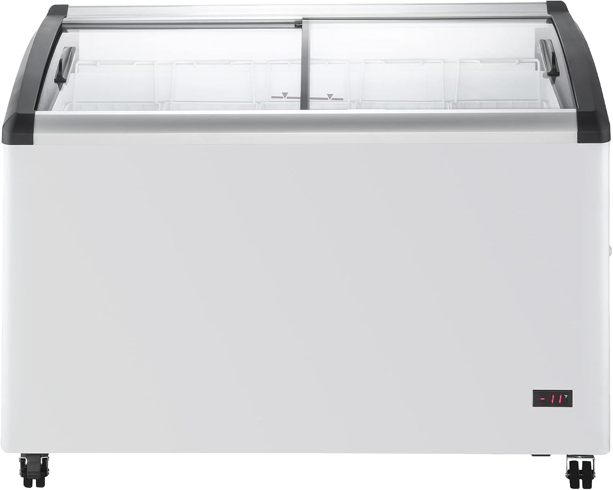 Duura Commercial Mobile Ice Cream Display Chest Freezer Sub Zero Temp Curved Glass Top Frost Free Lid with 5 Wire Baskets, 47.4 Inch Wide 12.8 Cubic Feet, White
