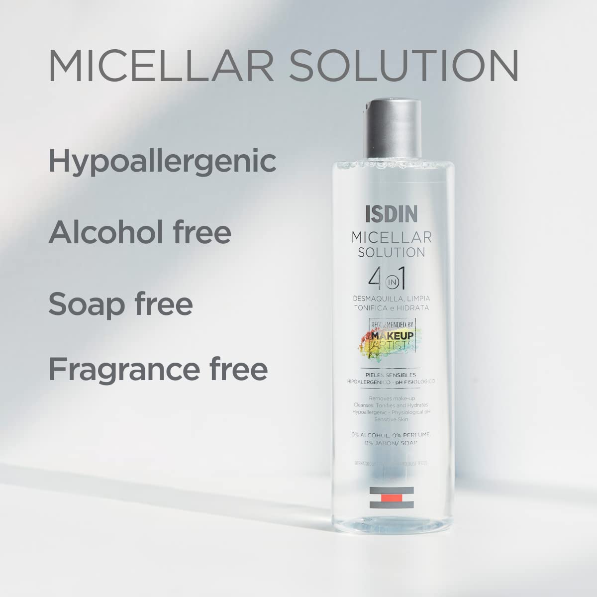 ISDIN Micellar Solution, 4 in 1 Makeup Remover, Cleanser, Hydrating Toner - Suitable for Sensitive Skin, 13.5 Fl. Oz