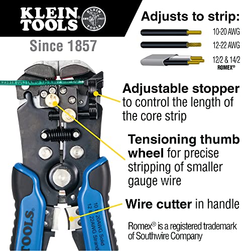 Klein Tools 11061 Self-Adjusting Wire Stripper / Cutter, Heavy Duty, for 10-20 AWG Solid, 12-22 AWG Stranded, and Romex Wire 12/2 and 14/2