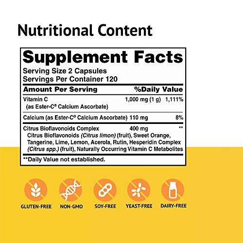 American Health Ester-C with Citrus Bioflavonoids Capsules - Gentle On Stomach, Non-Acidic Vitamin C - Non-GMO, 500 mg, 240 Count (Pack of 1), 120 Servings