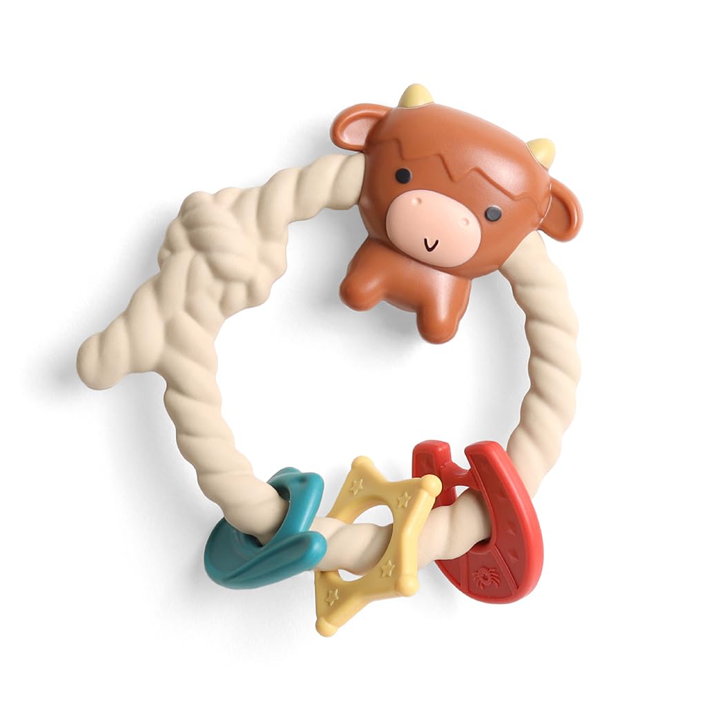 Itzy Ritzy Rattle Teether, Silicone Teething Toy w/ 3 Rings (Highland Cow)