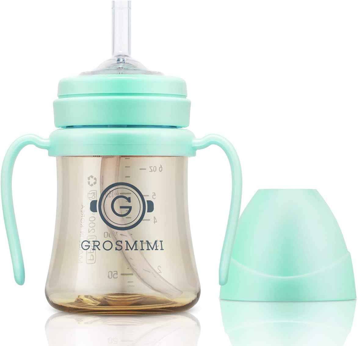 GROSMIMI PPSU Baby Straw Cup Stage 1, 6M+, Spill-Proof, 6oz (Aqua Green)