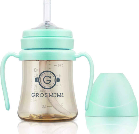 GROSMIMI PPSU Baby Straw Cup Stage 1, 6M+, Spill-Proof, 6oz (Aqua Green)