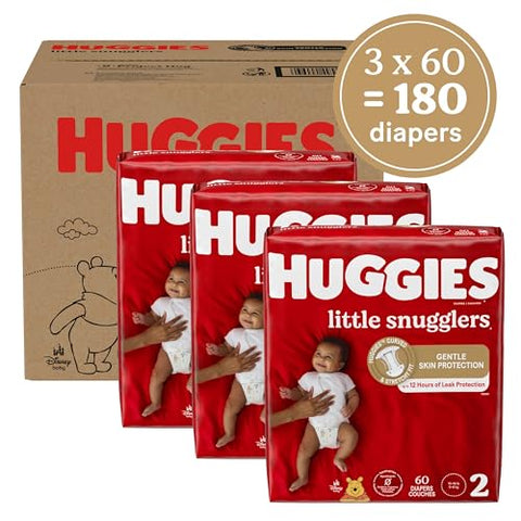 Huggies Size 2 Diapers, Little Snugglers Baby Diapers, Size 2 (12-18 lbs), 180 Ct (3 packs of 60), Packaging May Vary