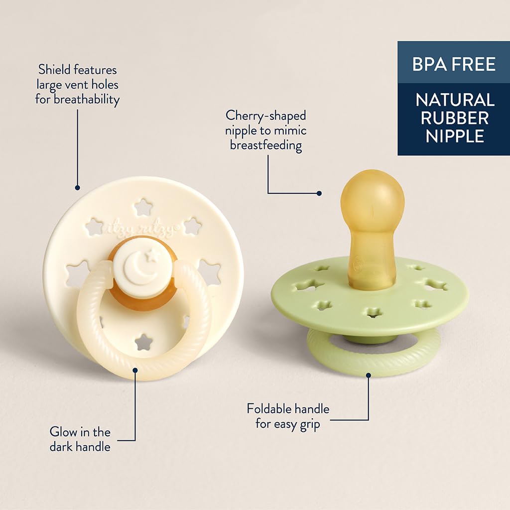 Itzy Ritzy Natural Rubber Pacifiers for 6-18 Mo, Set of 2, Glow in The Dark