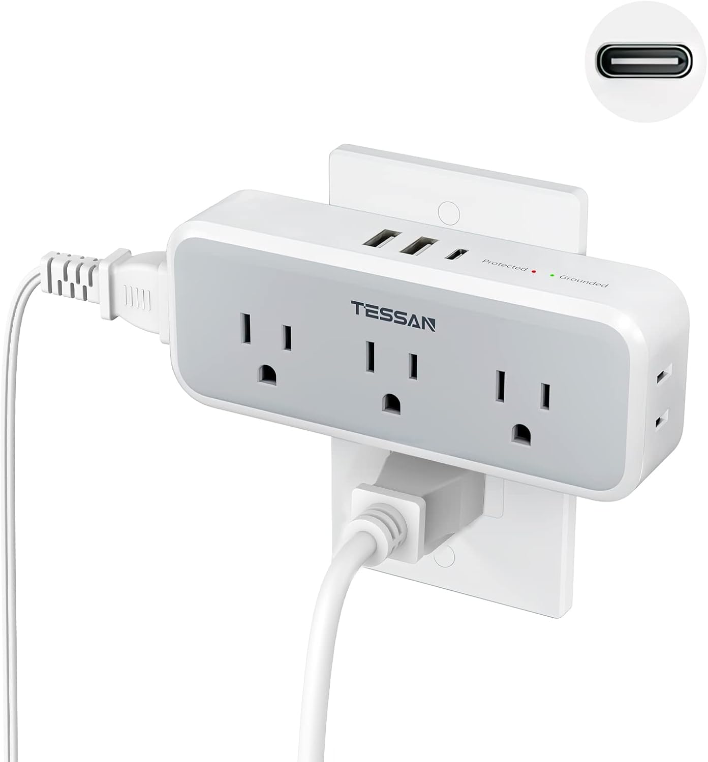 TESSAN Multi Plug Outlet Extender, USB C Wall Charger, Surge Protector,Grey