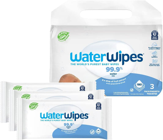 WaterWipes Plastic-Free Original Baby Wipes, 99.9% Water Based Wipes, Unscented & Hypoallergenic for Sensitive Skin, 180 Count (3 packs), Packaging May Vary