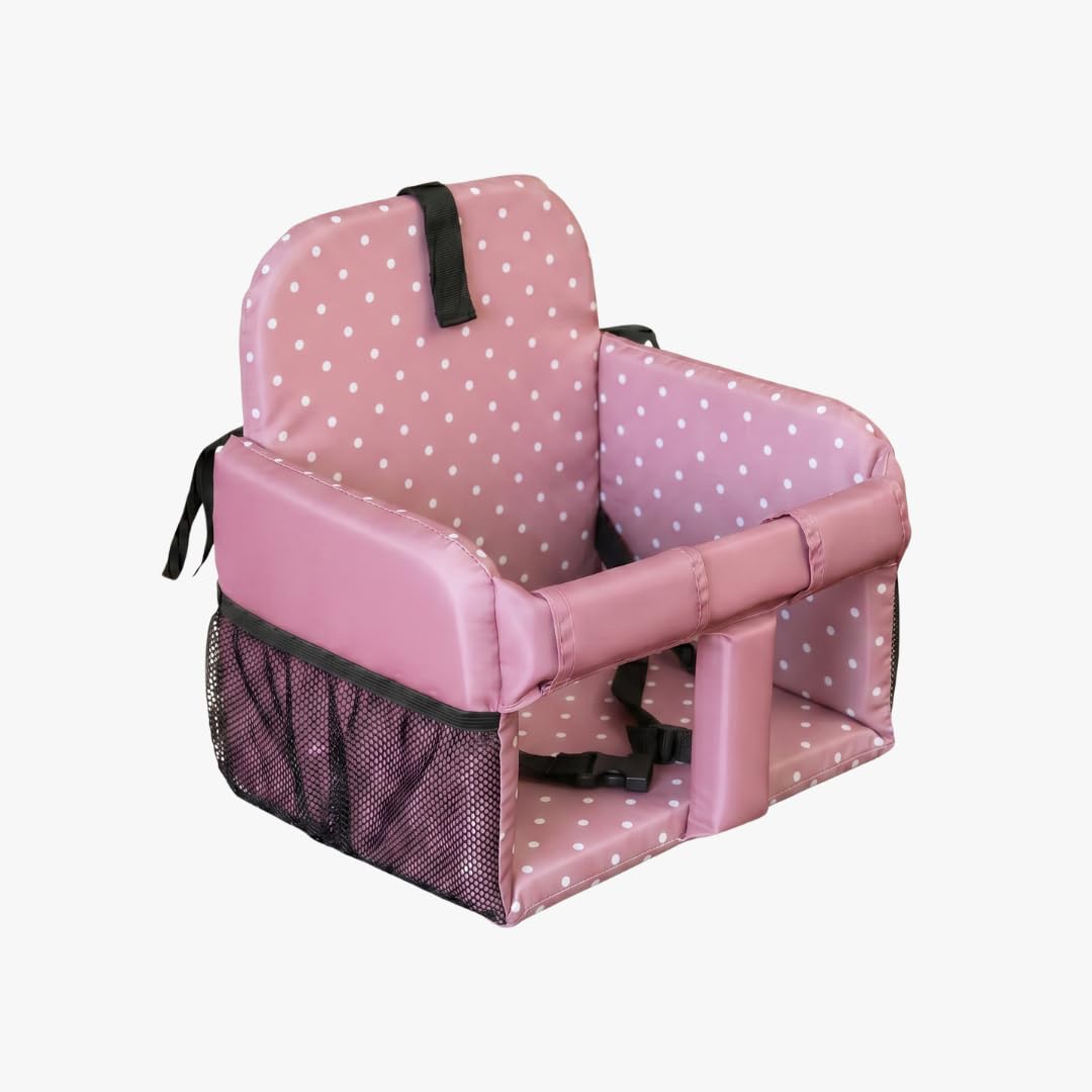 High Chair Insert & Shopping Cart Seat for Baby, Padded Seat Insert with Safety Buckle for Restaurant High Chairs, Grocery Carts, Foldable Portable, 4+ Months, Pink Dots