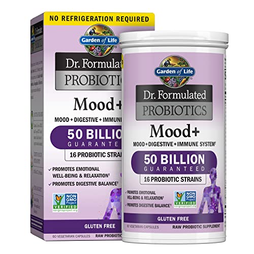 Garden of Life Dr. Formulated Probiotics Mood+ Acidophilus Probiotic Supplement - Promotes Emotional Well-being, Relaxation and Digestive Balance - Ashwagandha for Stress Management, 60 Veggie Caps