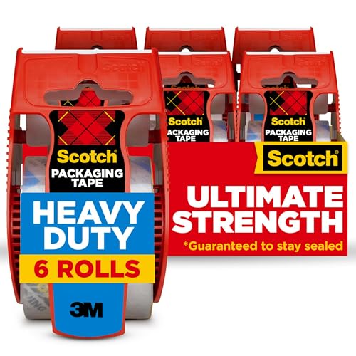 Scotch Heavy Duty Packaging Tape, 1.88" x 22.2 yd, Designed for Packing, Shipping and Mailing, Strong Seal on All Box Types, 1.5" Core, Clear, 6 Rolls with Dispenser (142-6)