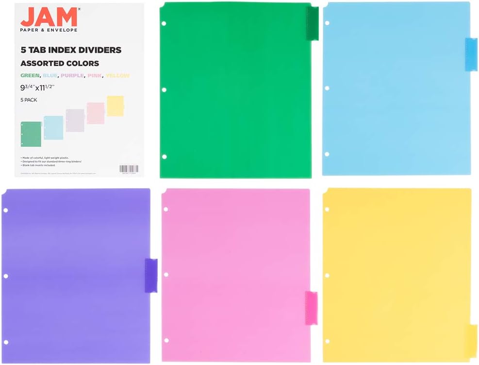 JAM PAPER Plastic Index 5-Tab Dividers - 9 3/4 x 11 1/2 - Assorted Multi-Color - 2 Packs of 5 Tabs/Set