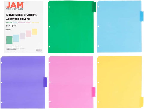 JAM PAPER Plastic Index 5-Tab Dividers - 9 3/4 x 11 1/2 - Assorted Multi-Color - 2 Packs of 5 Tabs/Set