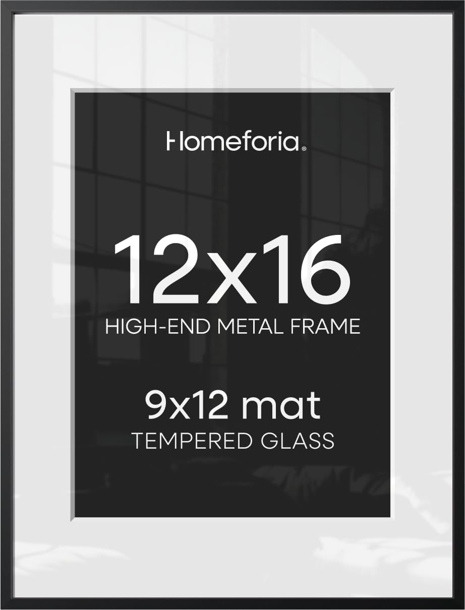Homeforia 12x16 Black Picture Frame, High-End Metal, 9x12 Mat, Glass