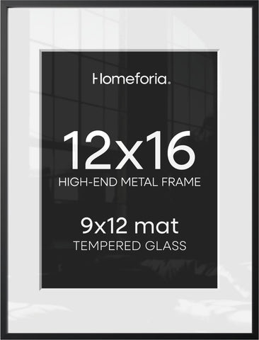 Homeforia 12x16 Black Picture Frame, High-End Metal, 9x12 Mat, Glass