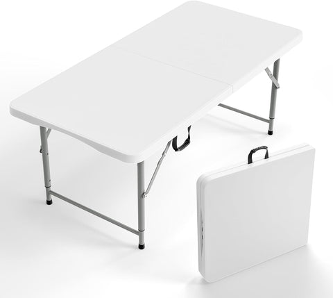 VINGLI 4 FT Plastic Folding Camping Table,3-Level Adjustable Height, Portable in/Outdoor Party Picnic Dining Desk, Garden Soccer Multipurpose Entertaining Activities，White